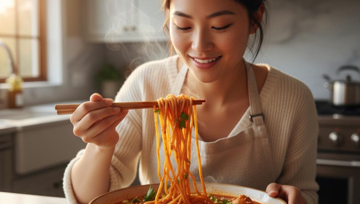 Gochujang noodles con pollo: el golpe de sabor en 20 minutos que TikTok no suelta y tu cocina puede clavar Joven cocinando noodles rojos humeantes con pollo, hierbas frescas y sésamo en una cocina moderna.