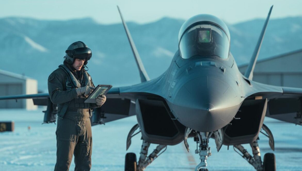 Gripen en el radar de Ucrania: el giro para sumar 150 cazas europeos tras los F-16 Piloto con casco revisa una lista junto a un caza moderno en una pista fría al amanecer.