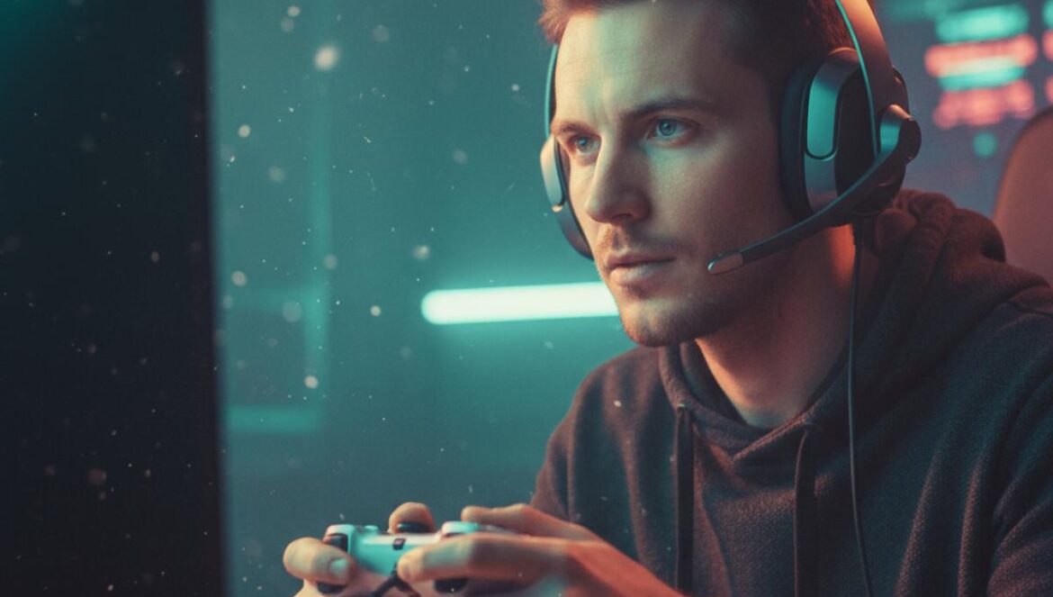 ‘Halo: Campaign Evolved’ llega en 2026 y también a PS5: el remake en UE5 que cambia las reglas del Jefe Maestro Jugador joven con auriculares y mando, concentrado frente al televisor en un salón con luces azules y verdes.