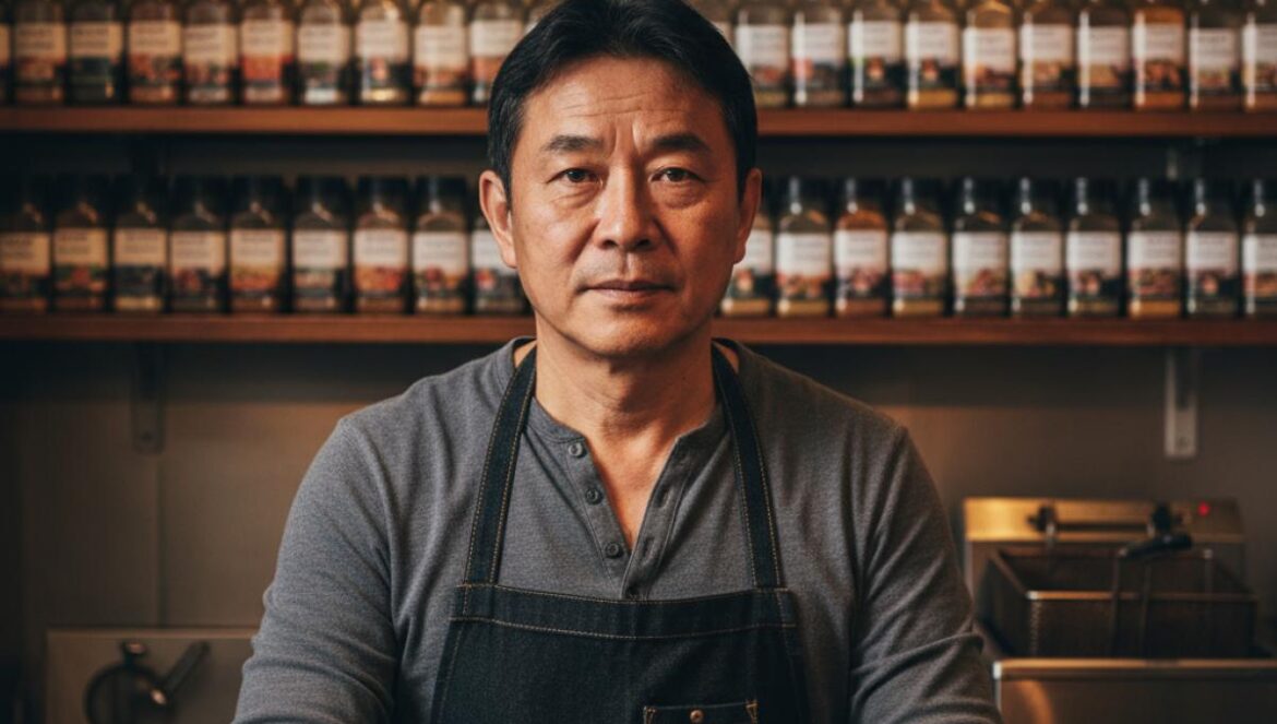 Hombre coreano de mediana edad en una pollería modesta, con mirada intensa tras el mostrador.