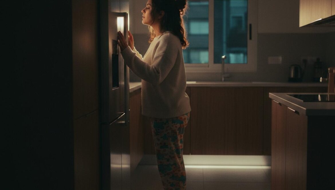 Heladera con estalos de madrugada: lo normal, lo que preocupa y cómo bajar el ruido sin estrés Mujer joven en pijama apoyando la mano en la heladera, escuchando un estalo en una cocina tenue de noche.