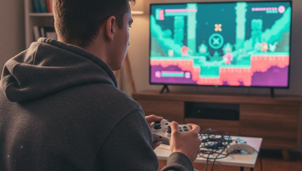 Hollow Knight: Silksong suma soporte DualSense Edge: el parche 1.0.28891 arregla bugs y mejora mandos Jugador con mando blanco frente a un juego 2D en pausa en el televisor, luz cálida nocturna.