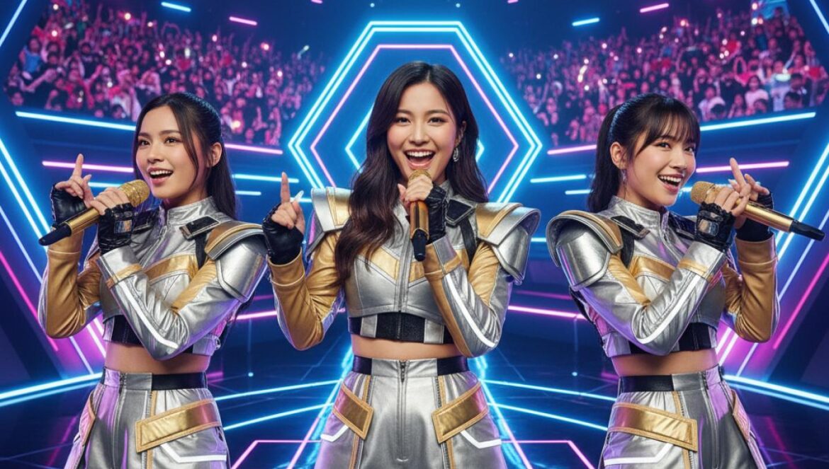 HUNTR/X ‘Golden’ manda 8ª semana en Hot 100: así un tema de K-pop animado rompe récords y reescribe el mapa pop Trío de cantantes pop asiáticas con micrófonos dorados en un escenario neón, público desenfocado.