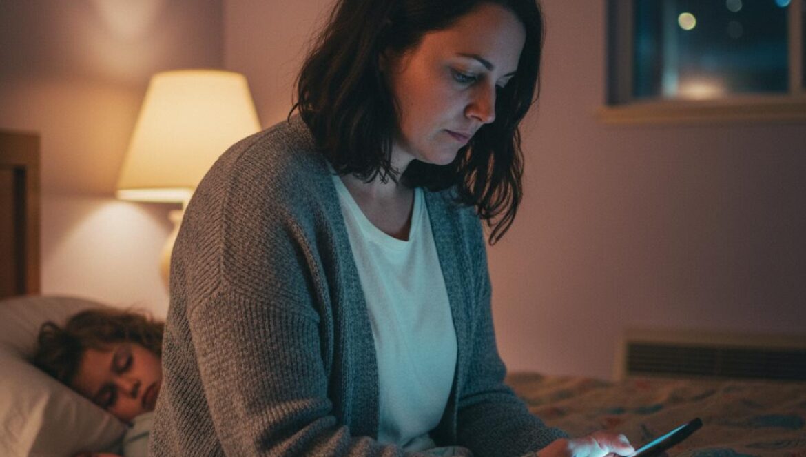 If I Had Legs I’d Kick You: la comedia negra de A24 que destripa la maternidad y reinventa a Rose Byrne Mujer agotada en la cama de un motel, móvil en mano, con una niña dormida a su lado y luz cálida.