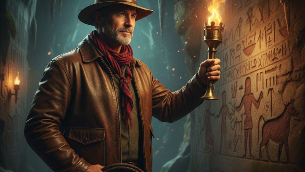 Indiana Jones en Netflix: En busca del arca perdida, el clásico que debes ver antes de que desaparezca Arqueólogo con sombrero y chaqueta de cuero, látigo en mano, iluminado por antorchas dentro de una cueva con relieves antiguos.