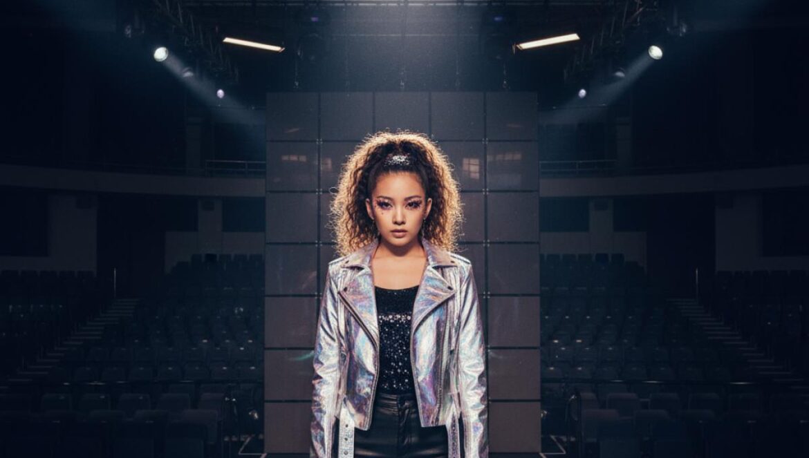 Cantante de pop asiático en un escenario de TV vacío, luces bajas y pantallas apagadas, lista para actuar.