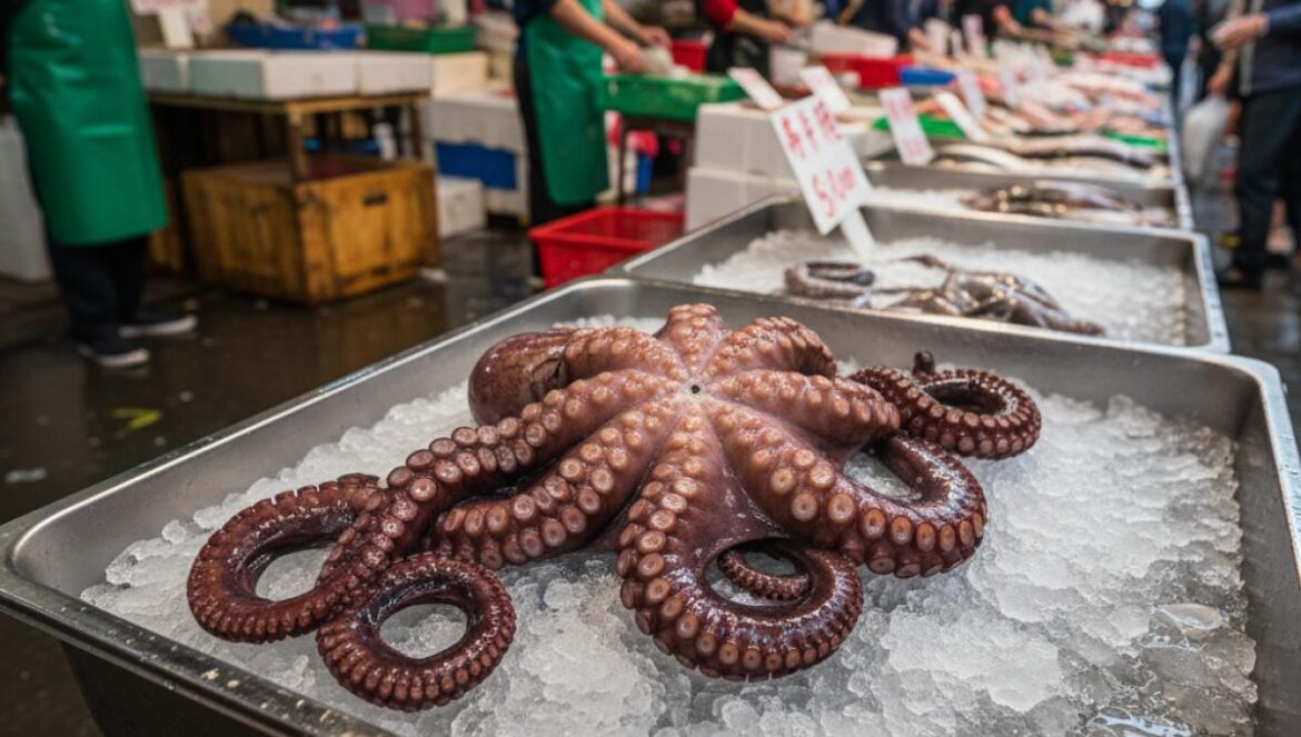 Invasión de pulpos en Inglaterra: así se “mediterraneiza” el Canal y qué cambia en la pesca y la cocina Pulpo fresco sobre hielo en una parada de mercado, listo para la venta.