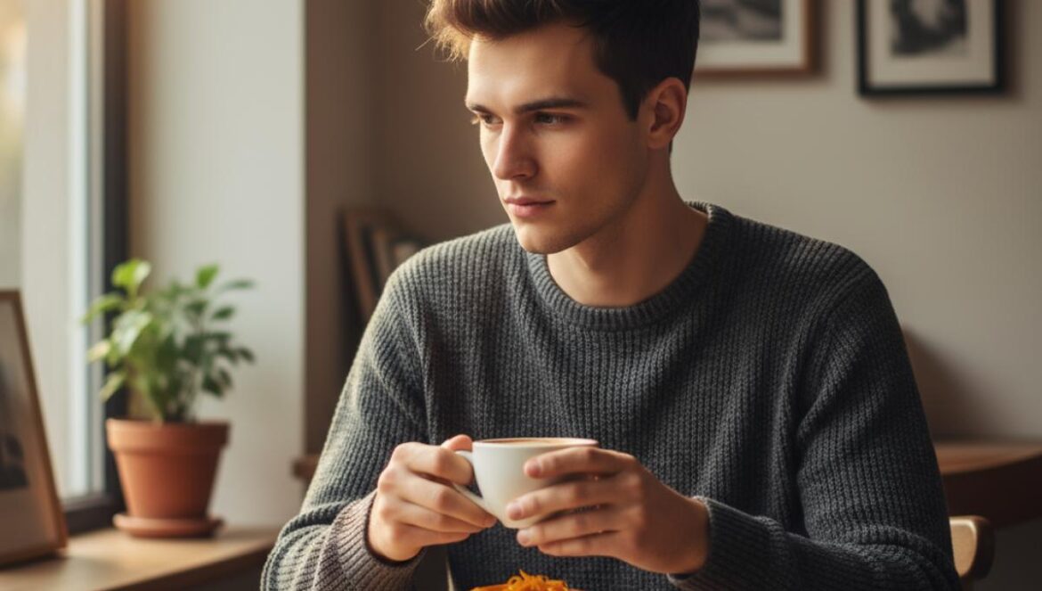 Jerskin Fendrix reescribe el duelo: así late ‘…Shropshire’ y su vínculo creativo con Lanthimos Músico joven en una cafetería, con café y tarta de naranja, mirando pensativo a cámara.