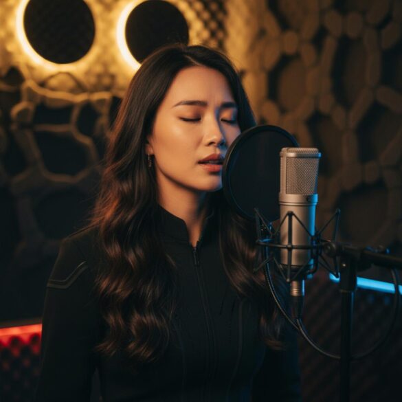 Cantante de K-pop grabando en estudio, micrófono y luces cálidas en plano medio centrado.