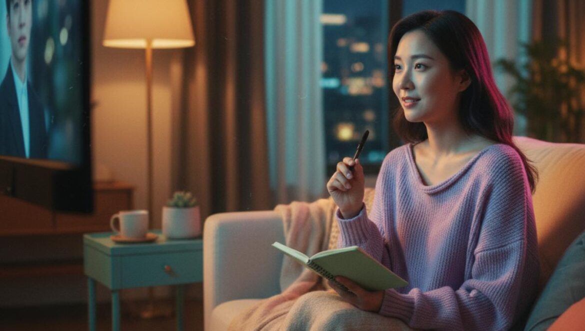 JTBC: los dramas con los ratings más altos y el patrón secreto de su boom global en 2025 Joven asiática viendo un drama en la televisión y tomando notas en el salón, de noche