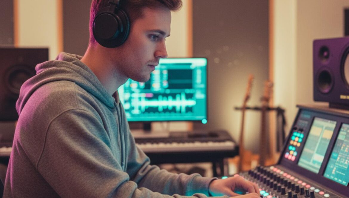 Justin Bieber en Twitch rompe el manual del streamer y expone la verdad incómoda sobre la fama y la creatividad Músico joven con auriculares trabajando frente a una consola en un estudio, de espaldas.