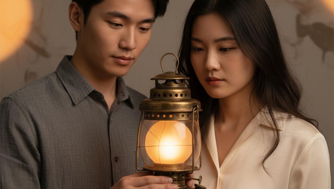 K-dramas de octubre 2025: 9 estrenos que encienden Netflix y la TV coreana — guía con hype y contexto Pareja joven asiática, medio cuerpo, sosteniendo una lámpara mágica brillante en un fondo cálido.