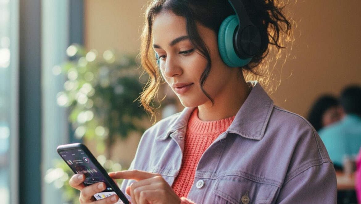 KATSEYE triunfa en Reino Unido: “Gabriela” alcanza su mejor posición (Top 40) y confirma su impulso global Joven con auriculares revisa un ranking musical en su móvil dentro de un café iluminado.