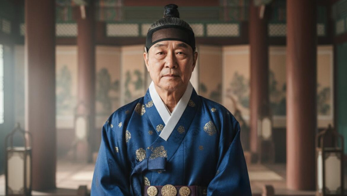 Kim Juyoung, leyenda de los K-dramas históricos: así se forjó su legado y su extraño giro espiritual Actor coreano mayor con hanbok, en un set histórico, mirada serena y luz cálida, centrado en plano medio.