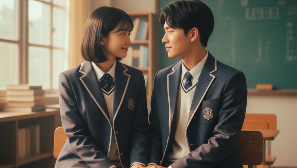 Last Summer: por qué el nuevo romance de Lee Jae Wook y Choi Sung Eun está encendiendo el hype del primer amor Dos adolescentes asiáticos en uniforme escolar se miran de cerca y se toman la mano, con luz suave de aula.