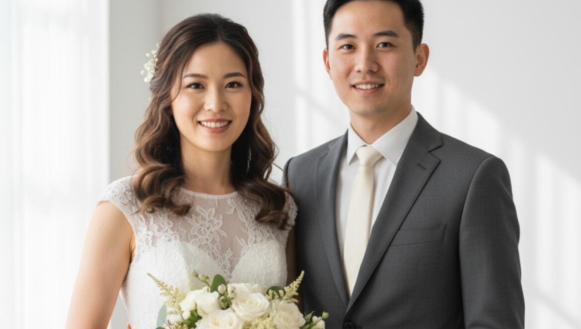 Lee Jang Woo y Jo Hye Won encienden redes: boda confirmada y fotos nupciales con guiños de K‑drama Pareja asiática joven sonriendo en estudio minimalista con luz suave y flores blancas.