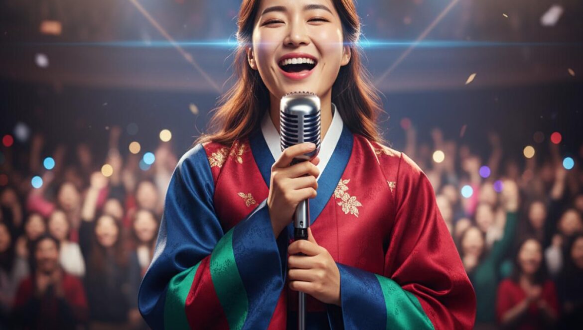 Cantante joven de origen asiático, con traje moderno inspirado en hanbok, cantando un trot brillante bajo luces de escenario.