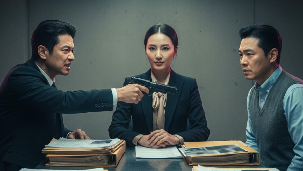 Lee Young Ae en Walking on Thin Ice: lágrimas, giros y un duelo psicológico que encendió las redes Tres adultos asiáticos en una sala de interrogatorio, tensión con un arma y miradas desafiantes.