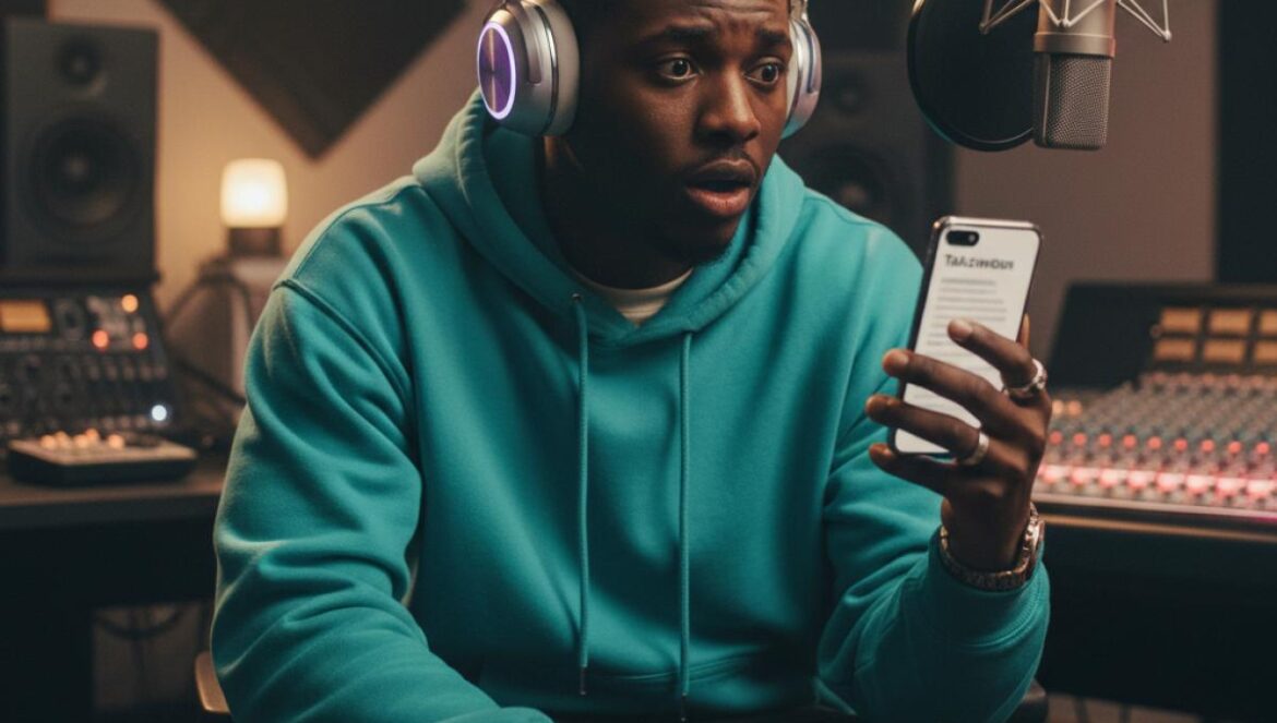 Lucki demandado por Empire: el single que encendió una guerra de distribución y qué se juega su nuevo álbum Rapper joven en estudio, con auriculares, mirando su móvil; consola y micrófono al fondo.