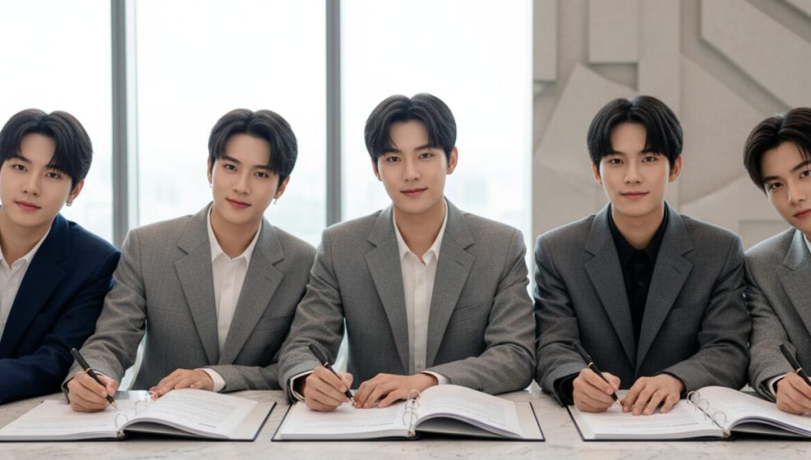 Maldición de los 7 años en K-pop: ¿se rompió? ITZY, TXT y ATEEZ marcan el giro y la industria ya no juega igual Idols de K-pop firmando renovaciones en una mesa moderna, sonriendo y mirando a cámara.