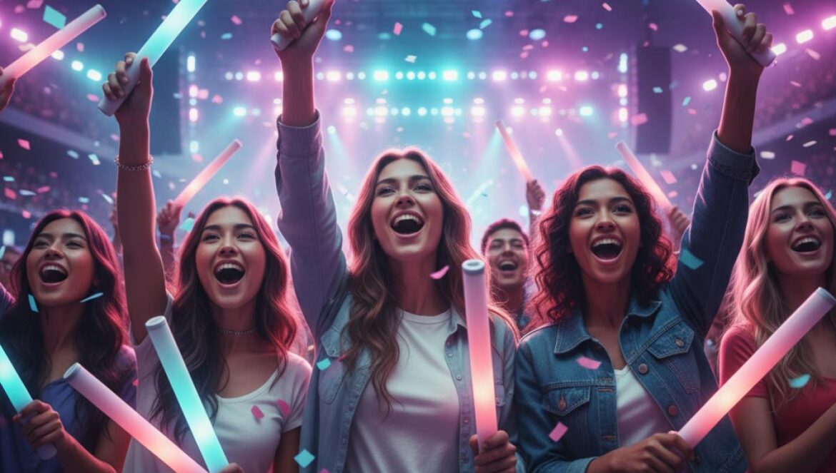 MAMA Awards 2025: cómo votar, fechas clave y lo que cambia este año con su edición en Hong Kong Fans jóvenes con lightsticks levantados en un gran estadio cubierto, luces y confeti al fondo.