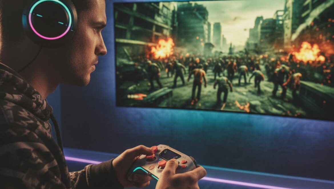 Marvel Rivals estrena modo PvE Zombies con vibra musou: cinco héroes, dos jefes y acción sin respiro Jugador con auriculares y mando frente a una pantalla con hordas de zombis, luces LED azules y moradas.