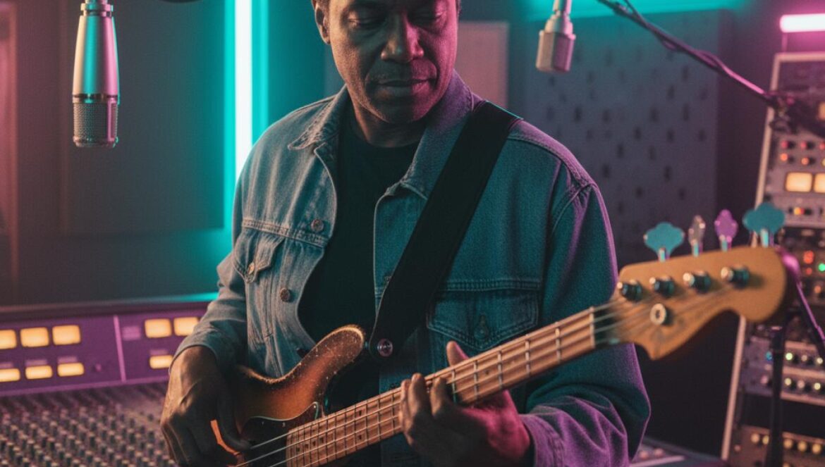 Melvin Gibbs en estado mutante: Amasia (Anamibia Sessions 2) remezcla jazz, hip‑hop y sci‑fi con fuego Bajista en estudio oscuro con luces neón suaves, tocando un bajo eléctrico entre cables y equipos analógicos.