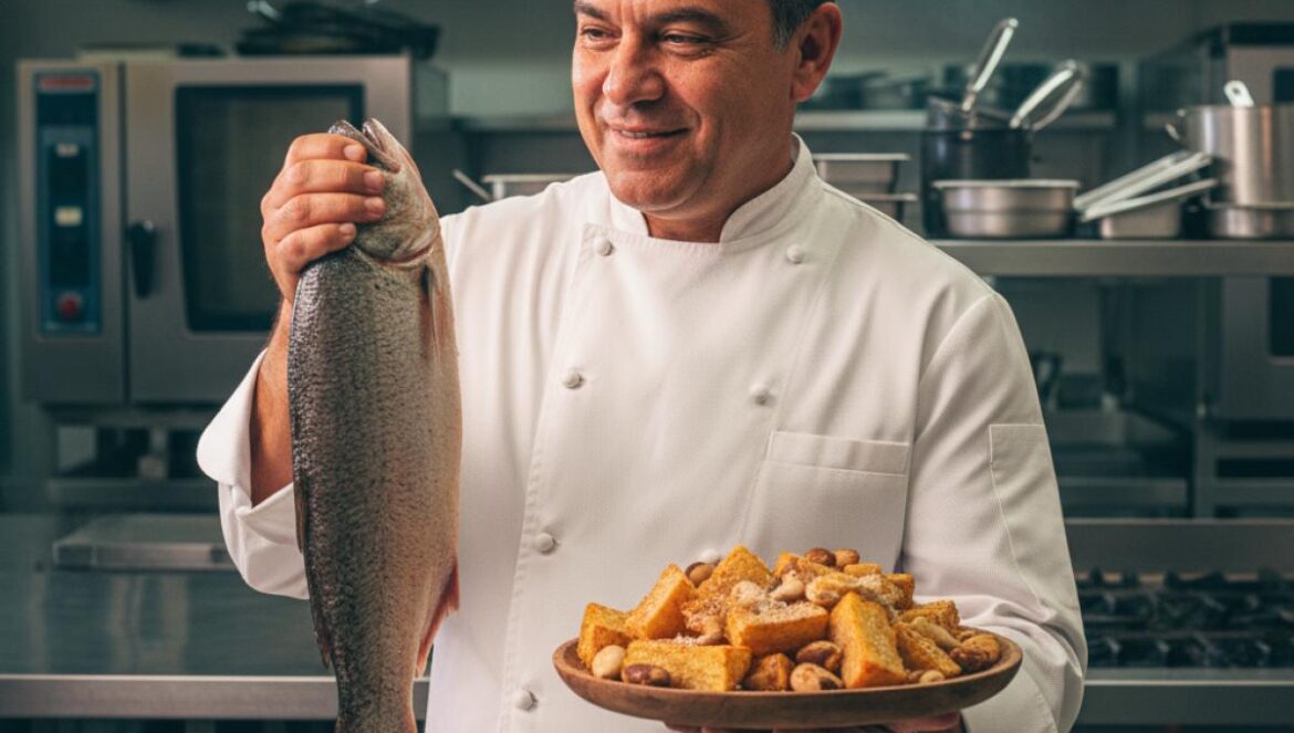Menú vegano vs tradición amazónica: el chef brasileño que dijo no al príncipe Guillermo y encendió el debate Chef con chaqueta blanca sostiene un filete de pescado y un plato de yuca y nueces de Brasil en una cocina profesional.