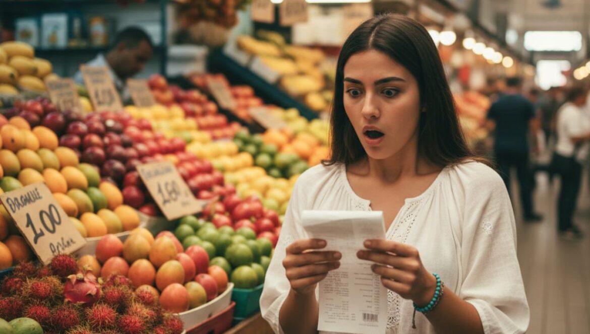Mercado de Madeira: así te soplan 72€ por cuatro frutas y el método antiestafa que uso en cada viaje (sin perder sabor local) Turista revisa un ticket caro en un mercado con frutas tropicales y carteles de precios.
