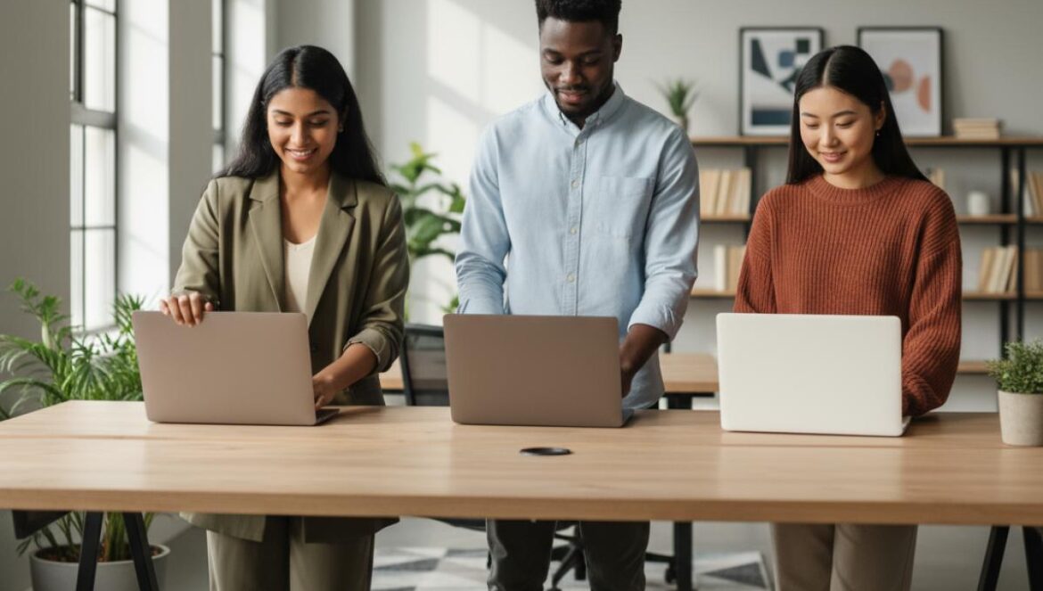 Minimalismo profesional: la jugada de la Gen Z que divide a jefes y salva salud mental en 2025 Jóvenes profesionales cierran sus laptops a horario en una oficina luminosa y minimalista.