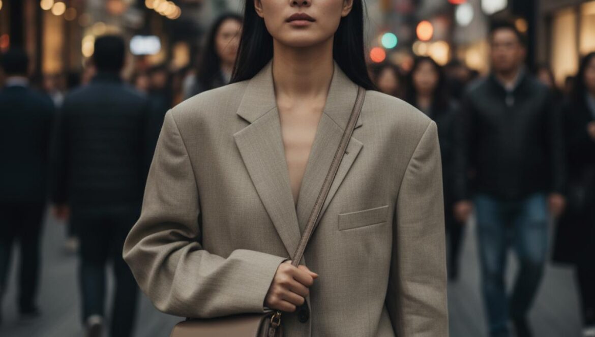 Moda coreana con sentido: 12 marcas que rompen redes y elevan tu armario cápsula (sin arruinarte) Joven con blazer oversize y bolso estructurado cruza una calle urbana al atardecer, estilo minimalista coreano.
