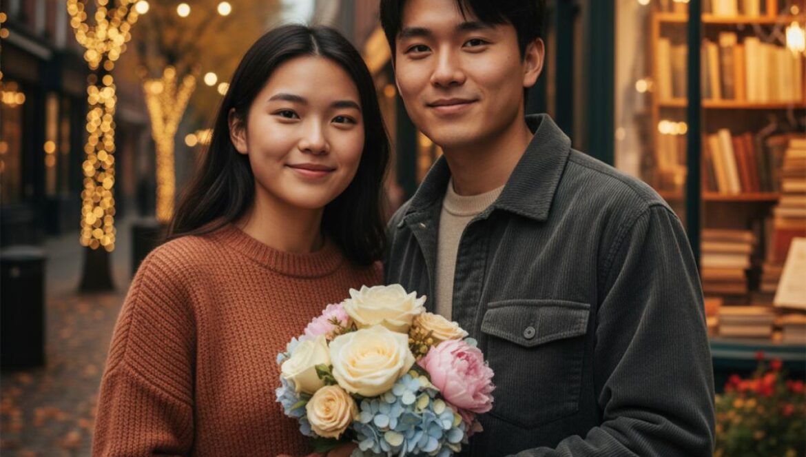 My Youth, el K‑drama sanador del otoño: lo que nadie te contó sobre su romance, flores y cicatrices Pareja joven asiática, en otoño, sonríe con un ramo de flores frente a un escaparate de librería.