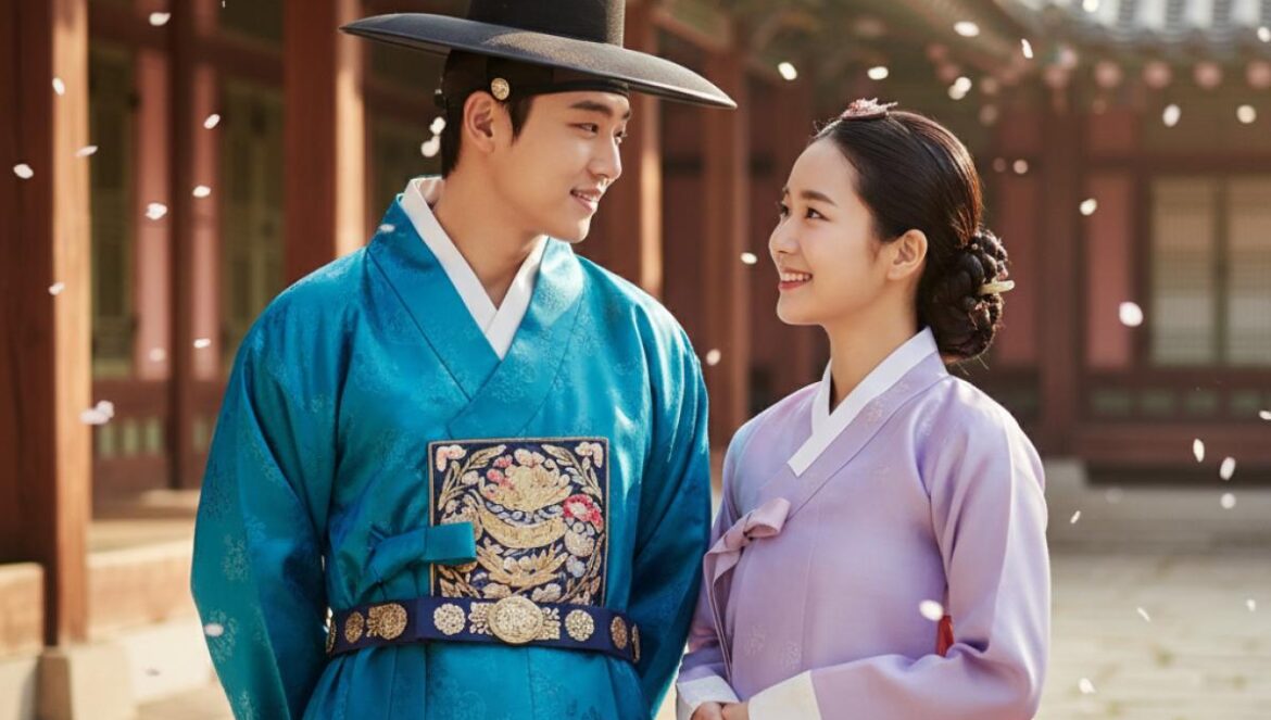 Nam Ji Hyun y Moon Sang Min vuelven con Dear Bandit: fecha, trama y por qué este sageuk promete romper 2026 Pareja con hanbok bajo pétalos, miradas intensas en un patio palaciego al atardecer.