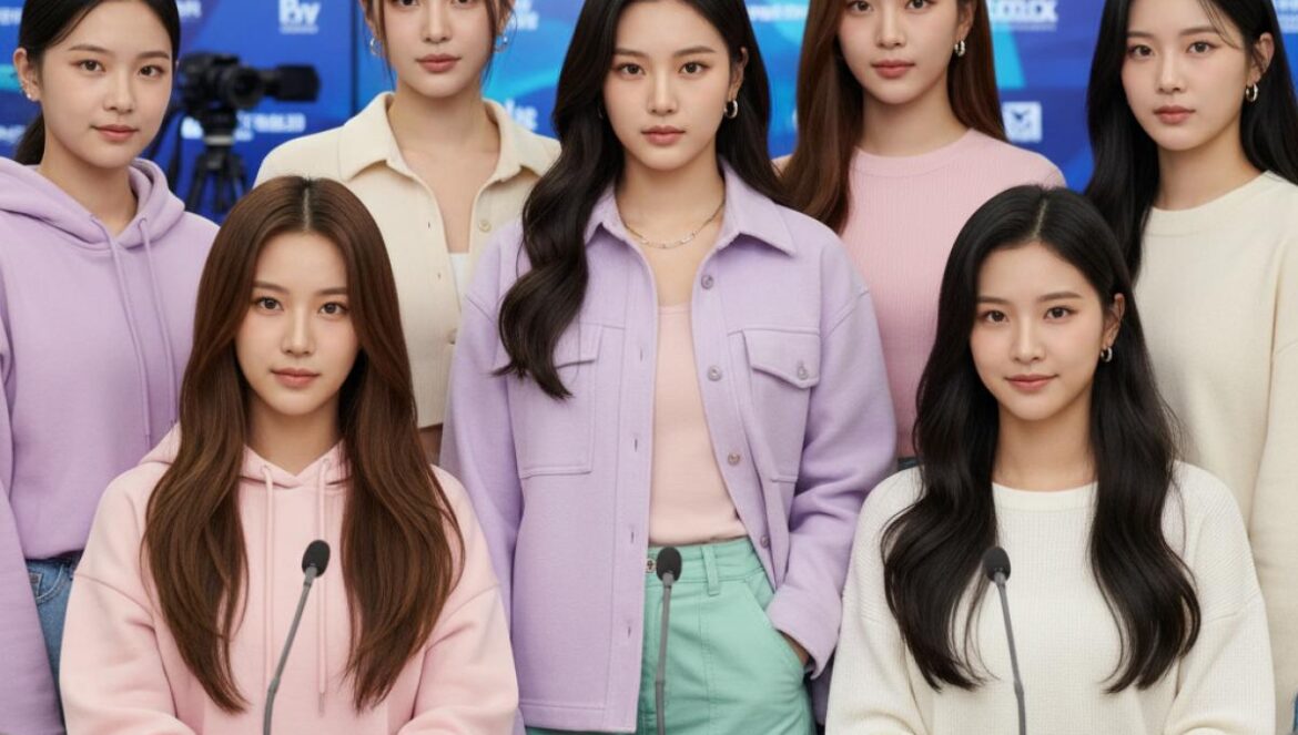 NewJeans tras el juicio: ¿pueden volver a reinar el K‑pop? Lo que nadie te contó, con claves y precedentes Grupo femenino de pop asiático en rueda de prensa, look juvenil pastel, micrófonos al frente.