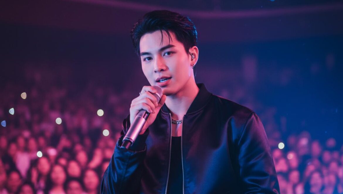 Nunew Chawarin irrumpe en K-pop: ¿será el próximo idol tailandés que conquiste EE. UU.? Cantante tailandés en escenario, plano medio, luces neón rosa-azules y micrófono en mano durante su debut.
