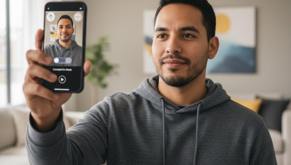 OpenAI Sora lanza app social de video: deepfakes con consentimiento que encienden el debate (y el hype) Joven grabando un video corto en su celular, con iconos de consentimiento y “remix” en pantalla, en una sala moderna.