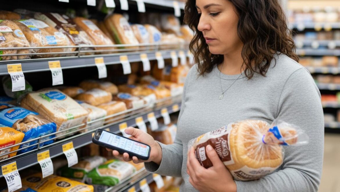 Pan de molde: lo que nadie te contó — el truco del súper que encarece tu desayuno Mujer comparando panes de molde en un pasillo de supermercado, calculadora en mano y etiquetas con precio por kilo.