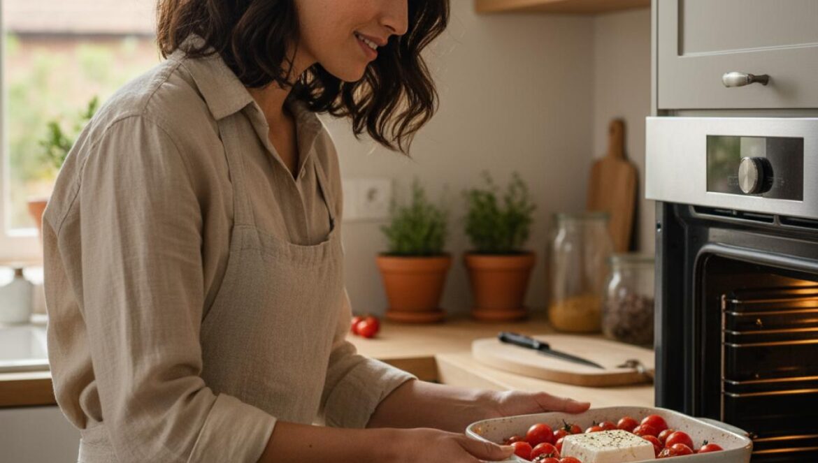 Pasta feta al horno: el viral que volvió en 2025 con trucos andaluces que rompen TikTok Cocinera sacando del horno una fuente con tomates asados y feta dorado, lista para mezclar con pasta.