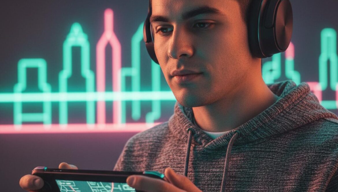 Pokémon Legends: Z-A y la Lumiose existencial: NPCs oscuros, humor involuntario y lecciones de diseño Jugador con cascos mirando una consola portátil, pantalla con mapa urbano iluminado por luces neón.