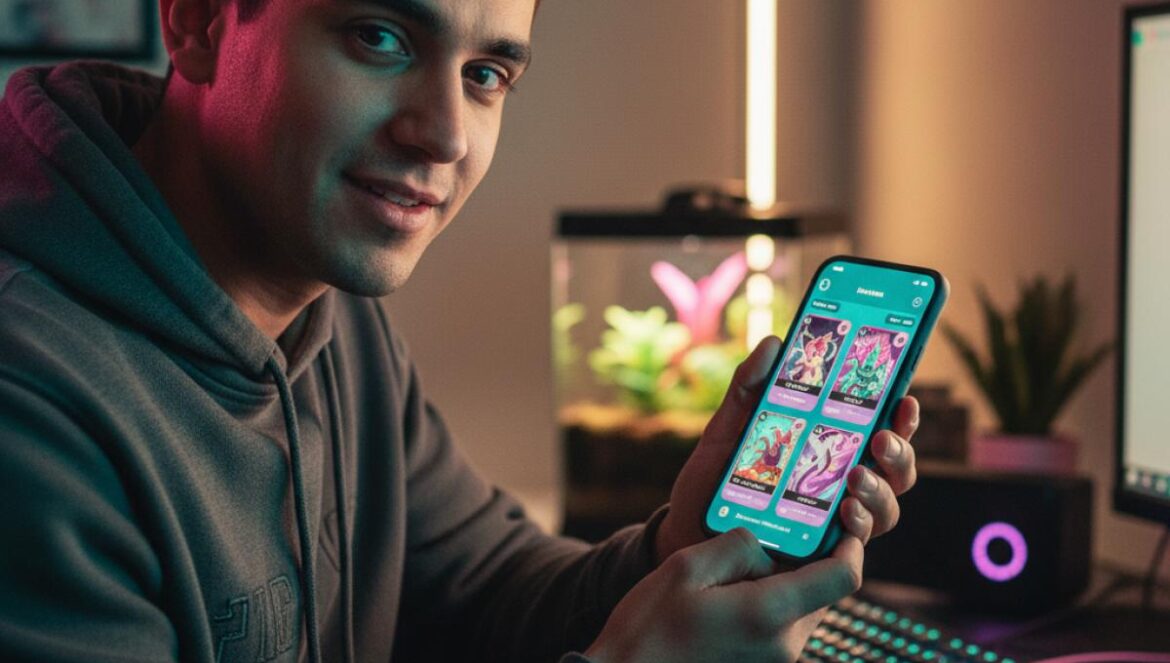 Pokémon TCG Pocket arreglará el card dex de Deluxe: ex… pero en verano de 2026, entre alivio y quejas Jugador mirando su colección digital de cartas en el móvil, con luces LED en una habitación