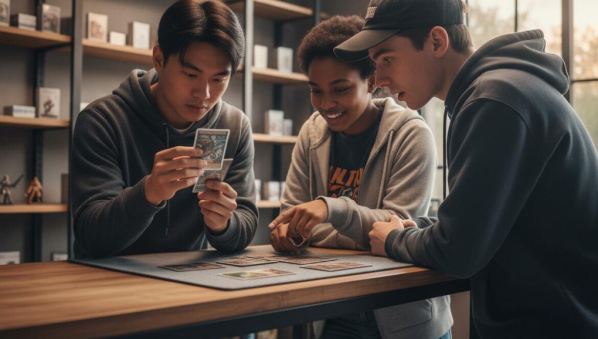 Pokémon y Magic están jugando con fuego: la escasez y el coleccionismo pueden perder a una generación Tres jóvenes revisan cartas en una tienda con estanterías casi vacías, gesto entre ilusión y frustración.