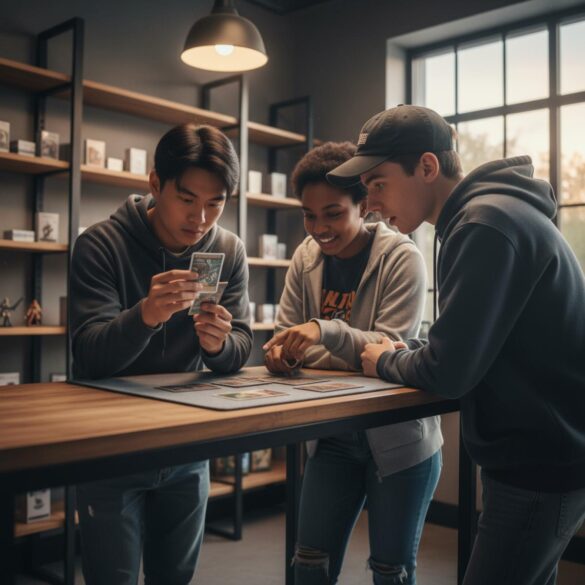 Tres jóvenes revisan cartas en una tienda con estanterías casi vacías, gesto entre ilusión y frustración.