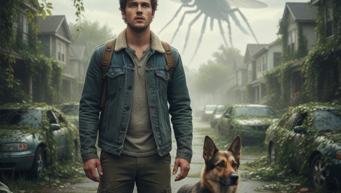 ¿Por qué todos hablan de De amor y monstruos en Netflix? Aventura sci‑fi con corazón y bichos gigantes Joven con mochila y su perro en una calle cubierta de vegetación, atentos ante un monstruo a lo lejos.
