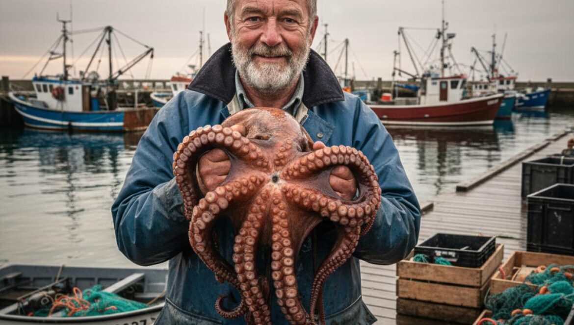 Pulpos en Inglaterra: la invasión que enriquece a unos, arrasa crustáceos y deja un aviso climático Pescador mostrando un pulpo fresco en un muelle húmedo al amanecer, con barcas y cajas de pesca de fondo.