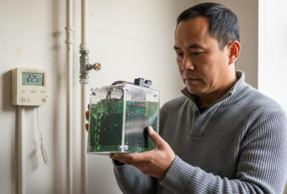 Raspberry Pi como caldera: Reino Unido prueba servidores caseros que calientan tu hogar y recortan tu factura Hombre revisa un mini servidor sumergido en aceite que calienta radiadores en una sala doméstica.