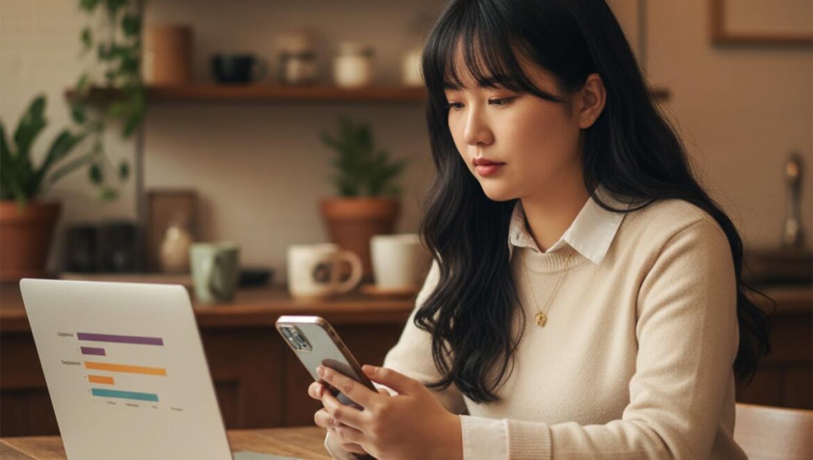 Ratings K-Drama 2025: giros que nadie vio venir y el fenómeno que reventó tvN, explicado desde dentro Joven analizando audiencias de K-dramas en un café con gráficos en su portátil.
