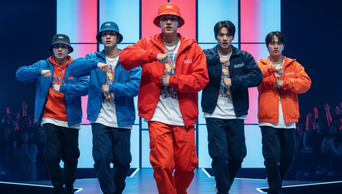 Boyband asiática de cinco integrantes baila sincronizada en un escenario urbano con luces neón.