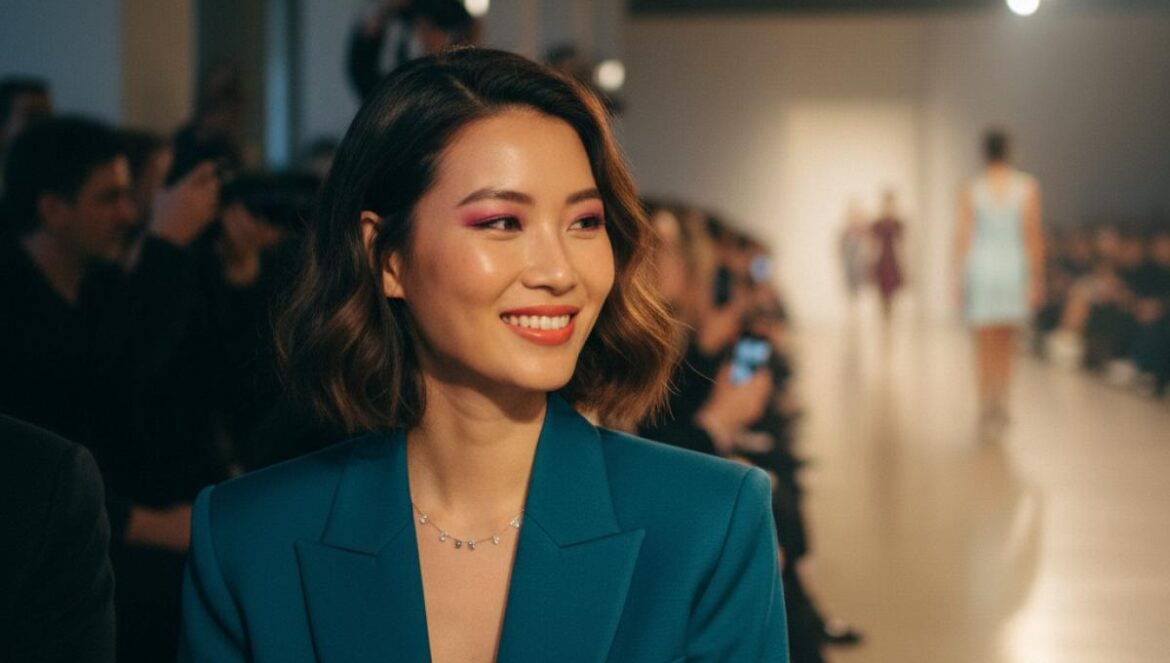 Rosé y la discriminación racial: por qué ELLE UK y W Korea encendieron la ira global y qué cambia en la moda Mujer asiática joven en primera fila de un desfile, fotógrafos detrás y pasarela iluminada.