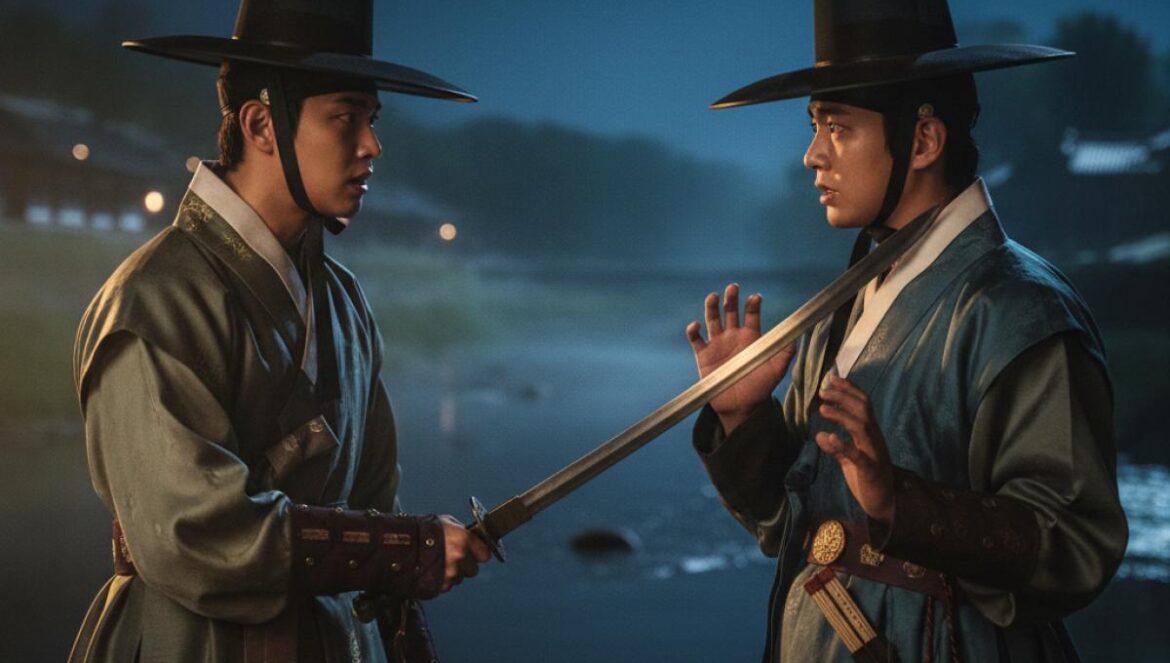 Rowoon vs. Park Seo Ham en The Murky Stream: la amistad se rompe y un duelo cambia el rumbo en Disney+ Dos hombres con hanbok se encaran de noche junto a un río; uno apunta una espada al otro.