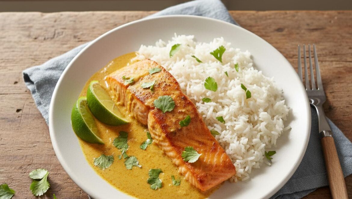 ¿Salmón al curry de coco? El giro andaluz que rompe TikTok: rápido, cremoso y con truco de chef Salmón al curry de coco con arroz jazmín, lima y cilantro en plato cerámico, luz natural cálida.